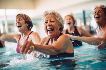 Active senior women enjoying aqua fit class in a pool, displaying joy and camaraderie, embodying a healthy, retired lifestyle