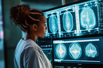 An expert female neurologist deeply engrossed in examining brain scans, utilizing innovative medical technology for diagnosis, highlighting her proficiency and expertise. - obrazy, fototapety, plakaty