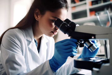 Expert female microbiologist scrutinizes medical samples using modern microscope in a tech-driven lab, driving breakthroughs in healthcare innovation.