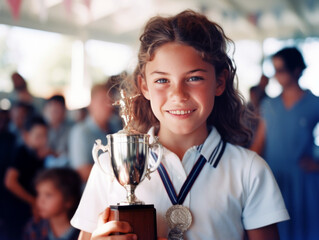 Cheerful student showcasing a won trophy, symbolizing academic success, determination, and joyful accomplishment in her educational journey