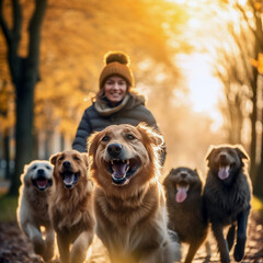 Happy and enthusiastic female dog-walker in urban park during autumn, surrounded by a cheerful canine pack