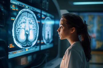 An expert female neurologist deeply engrossed in examining brain scans, utilizing innovative medical technology for diagnosis, highlighting her proficiency and expertise. - obrazy, fototapety, plakaty