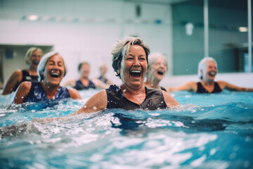 Active senior women enjoying aqua fit class in a pool, displaying joy and camaraderie, embodying a healthy, retired lifestyle