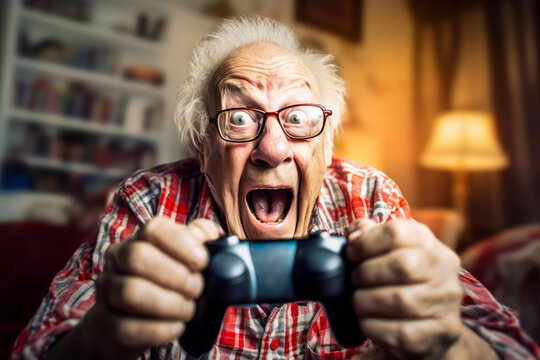 Funny photo of a senior enjoying interactive technology, engrossed in gaming excitement, displaying youthful vigor, bridging generational gap through digital entertainment