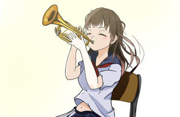 トランペットを吹いている少女