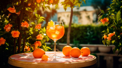 Aperol Aperitivo summer cocktail drink with ice in original glass with fresh oranges on the table in Italian garden.