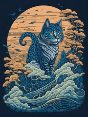 Illustration of a cat perched on a wave under the light of a full moon created with Generative AI technology