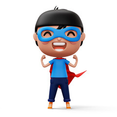 Funny little power superhero child in a hero clothes, hero kid concept, 3d rendering