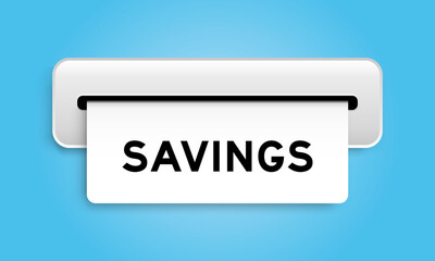 White coupon banner with word savings from machine on blue color background