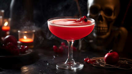 Close up view of tasty red cocktail in a glass with decor for Halloween, on dark background