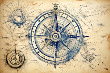 Fototapeta na wymiar Nautcal compass and vintage map sketch drawing. Exploration and sailing concept. Poster design. Generative Ai