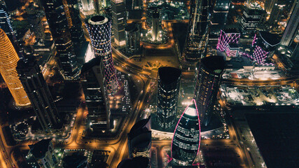 Aerial View to the Colorful Night Life of Doha city center, Qatar