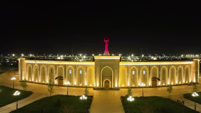 Huma bird monument in the New Uzbekistan park in Tashkent city at night