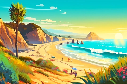 Beach with people on it, color background. California. Watercolor Illustration. Concept summer vacation