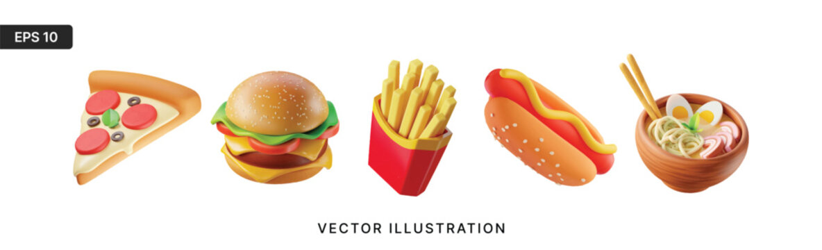 Fast food 3d realistic render vector icon set. Pizza, hamburger, fries potatoes, ramen noodle soup, hot dog
