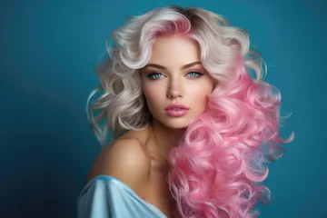 Deurstickers Schoonheidssalon Young blonde woman with wavy glossy hair and stunning blue eyes