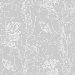 Seamless floral pattern with white flowers and leaves. Gray background. Line graphics.
