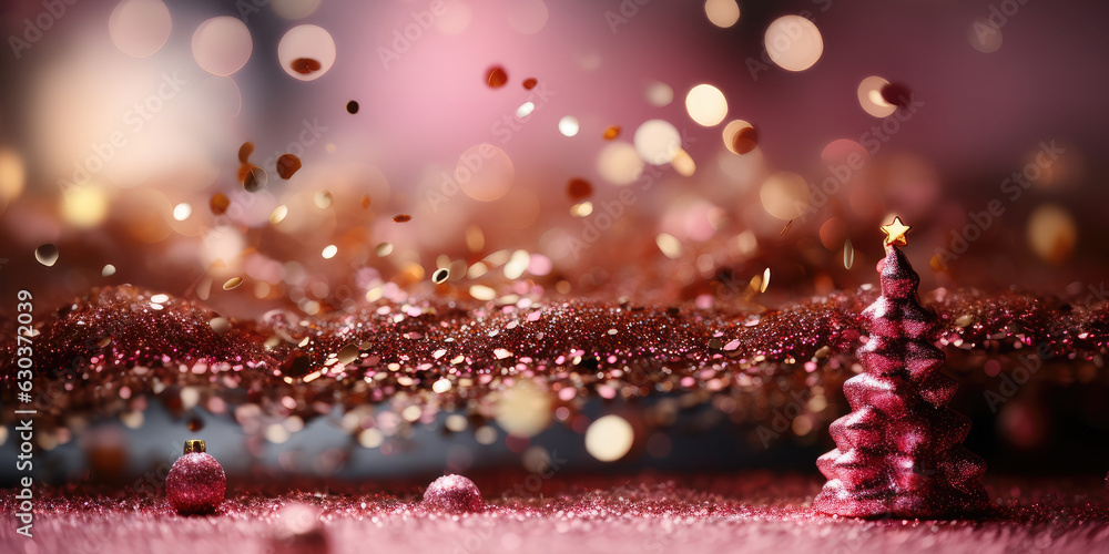 Poster Pink Christmas tree in gold bokeh light with pink glitters festive background, banner