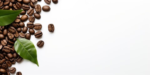 top view a coffee beans and leaf in the corner side on white background copy space, international coffee day concept, Generative AI