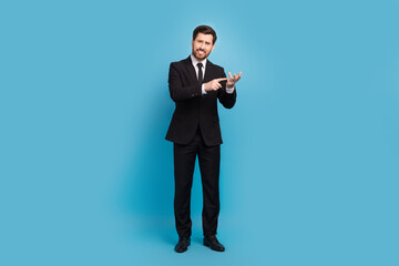 Full body photo of dissatisfied stress businessman young age criticize his colleagues count fingers...
