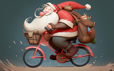 Fototapeta premium 3d Character of crazy and joyful Santa claus riding a bike for delivery gifts