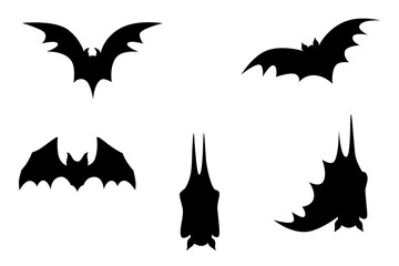 Collection of silhouette bats flying and hanging in five actions elements design on white background.