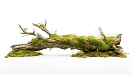 Fototapeta na wymiar Old wood tree trunk with green moss growing out of it on top, isolated on white background.