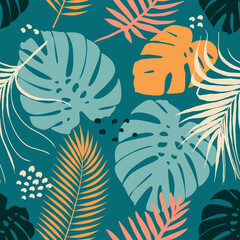 Hand drawn palm and monstera leaves minimal seamless pattern background