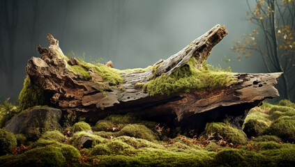 Fototapeta premium Old wood tree trunk with green moss growing out of it on top.