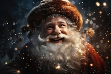 Santa Claus smiling and magical  flying through the night with his sled and deer.