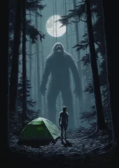 Zelfklevend Fotobehang camping and a bigfoot in the forest at night  © Blackbird