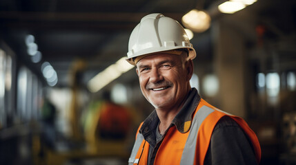 Portrait of a smiling male engineer at a construction site, confidently overseeing operations, maintaining safety standards, and ensuring the efficient work being done.
