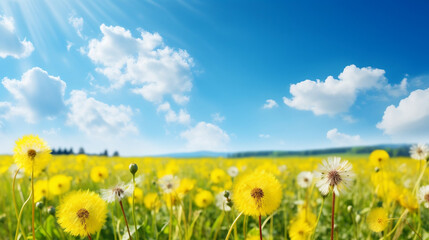 Stunning meadow field with fresh grass and yellow dandelion flowers in nature against a blurry blue sky with clouds