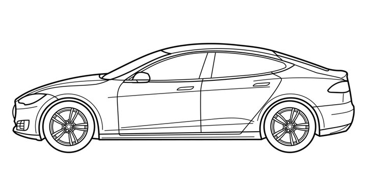 Classic sedan car. 5 door car on white background. Side view shot. Outline doodle vector illustration	