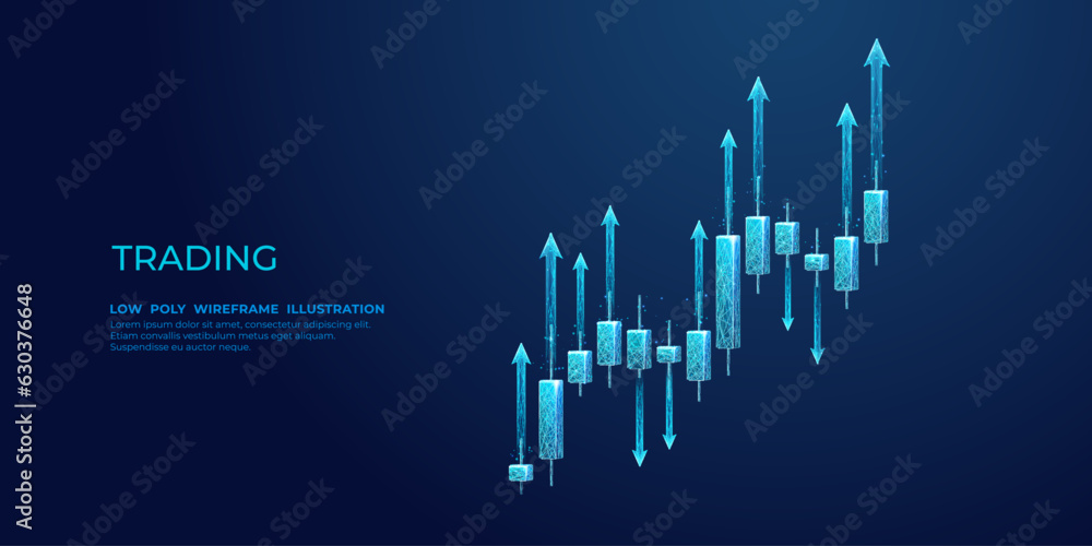 Poster abstract digital graphic of low poly candlestick in the stock market presented in futuristic style. 