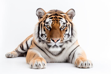 Fototapeta premium Siberian tiger lying on white background.