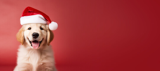 Happy Golden Retriever puppy wearing a Santa hat. Christmas pet theme banner design with copy space. Generative AI image