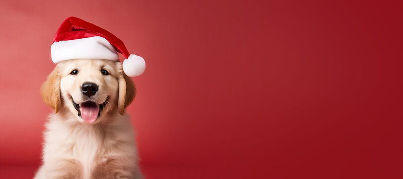 Happy Golden Retriever puppy wearing a Santa hat. Christmas pet theme banner design with copy space. Generative AI image