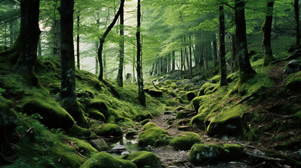 Fototapeta premium The morning atmosphere of a mature forest overgrown with tall trees and the forest floor is filled with mossy stones. Small plants and greenish moss fill the entire forest floor.