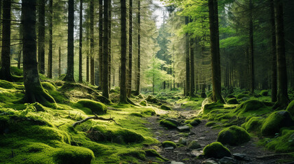 Obraz premium The morning atmosphere of a mature forest overgrown with tall trees and the forest floor is filled with mossy stones. Small plants and greenish moss fill the entire forest floor.