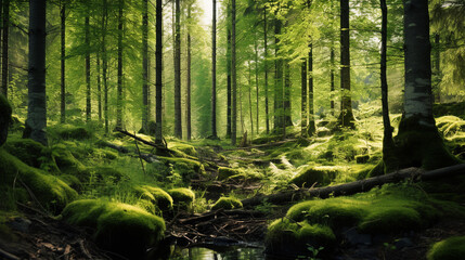 The morning atmosphere of a mature forest overgrown with tall trees and the forest floor is filled with mossy stones. Small plants and greenish moss fill the entire forest floor.