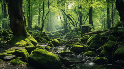 The morning atmosphere of a mature forest overgrown with tall trees and the forest floor is filled with mossy stones. Small plants and greenish moss fill the entire forest floor.