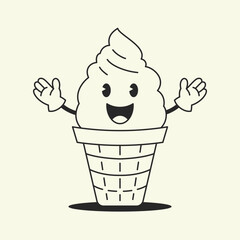Cute ice cream waffle cup cartoon character comic retro 30s animation style line art icon vector