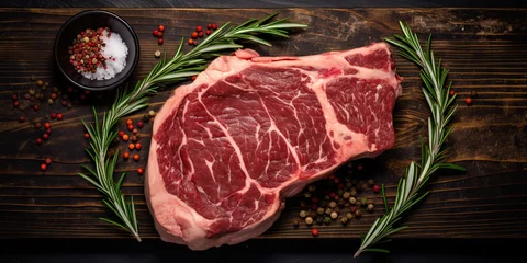 Fotobehang AI Generated. AI Generative. Rib eye bbq grill meat raw fresh steak on bone on kitchen table mock up. Can be used for restaurant or market store promotion marketing. Graphic Art © Graphic Warrior