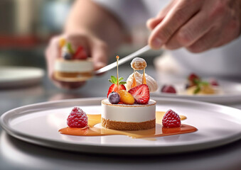 Chef arranging whipped cream pastry with berries on plate.Macro.AI Generative.