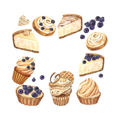 Watercolor frame dessert muffin, cupcake, bun, tart, cheesecake with blueberry. Hand-drawn illustration isolated on white background. Perfect food menu, design packing, bakery shop, cooking, tea party