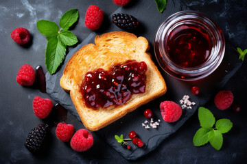 Top of view of sliced bread with jam and berries