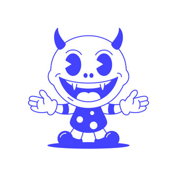 Baby devil funny monster comic cartoon character retro 30s animation style line art icon vector