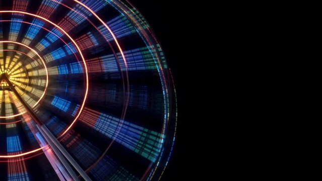 Blur timelapse footage of ferris wheel in amusement park going around filmed at night time. Bright carousel with flashing neon lamps spinning on carnival. Recreation for kids and tourist on weekend