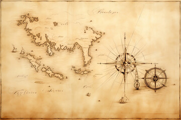 Nautcal map with compass sketch design. Exploration and sailing concept. Generative Ai